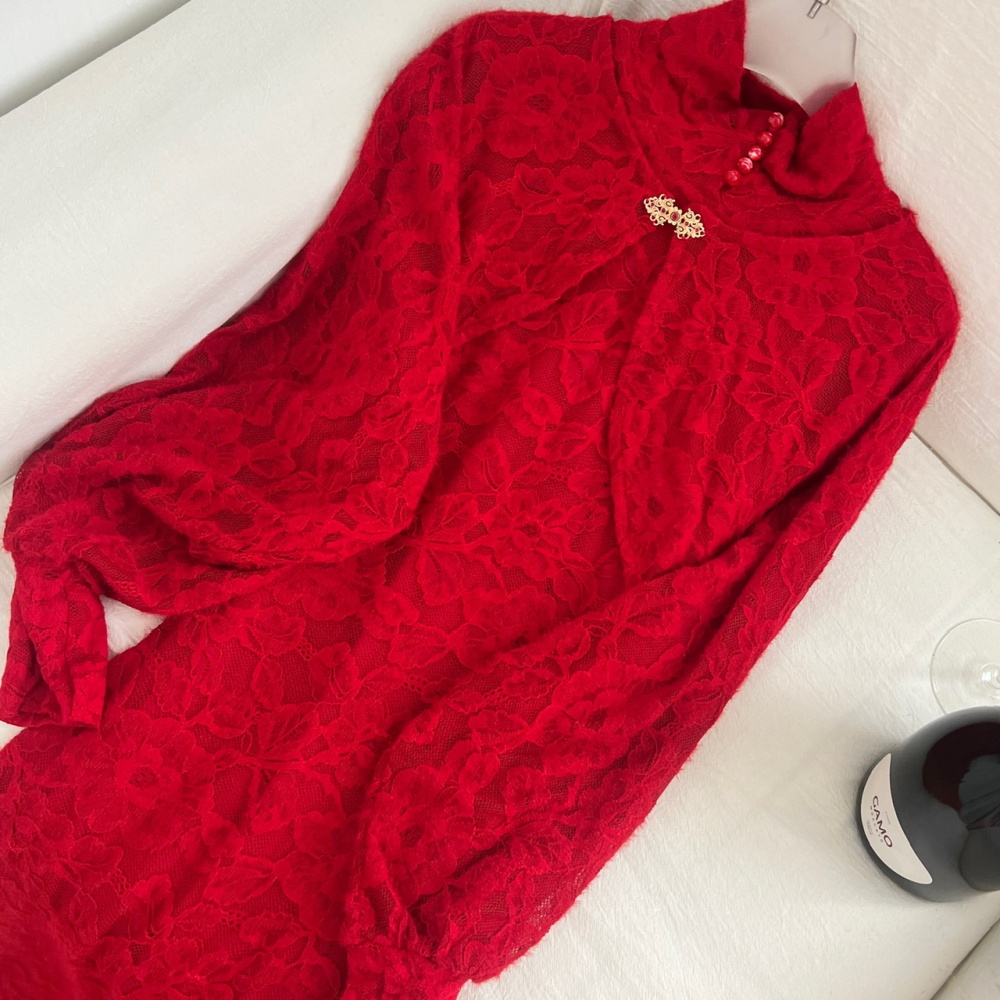 Plus velvet lace dress lapel cstand collar cheongsam a set