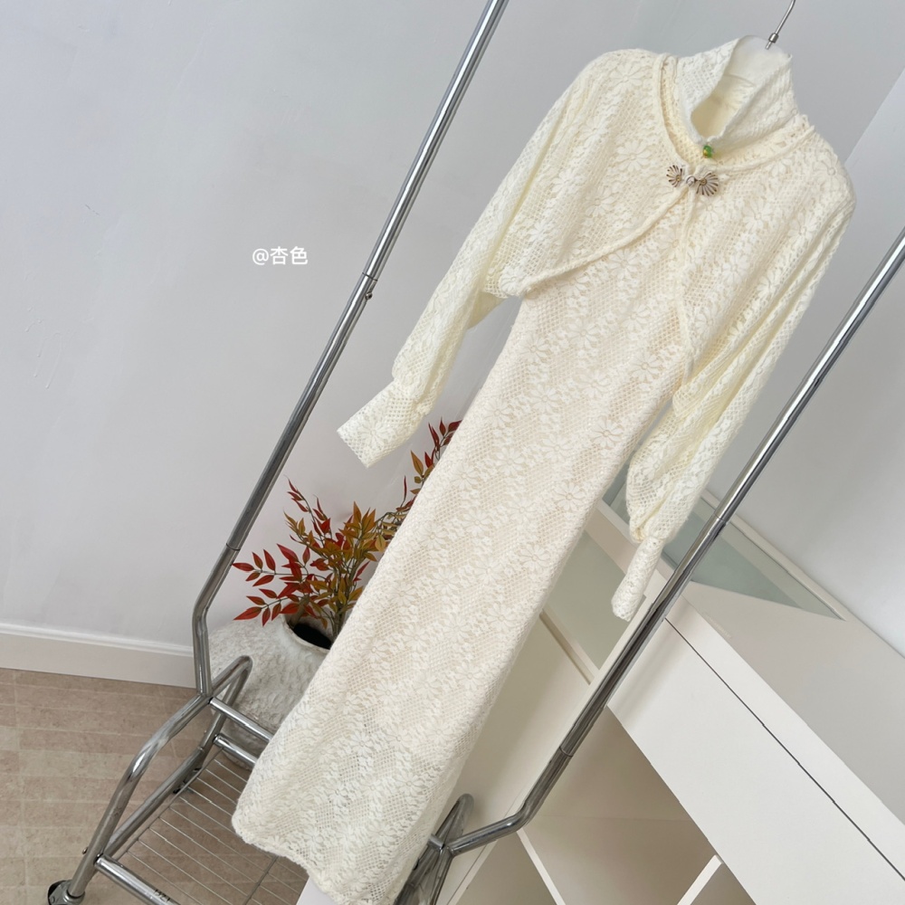 Plus velvet lace dress lapel cstand collar cheongsam a set