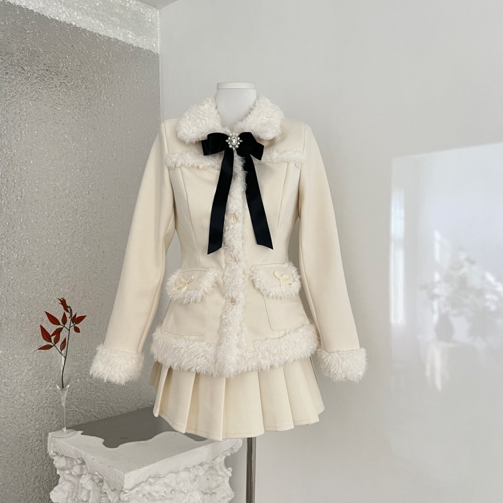 Sweet long sleeve coat winter slim short skirt a set