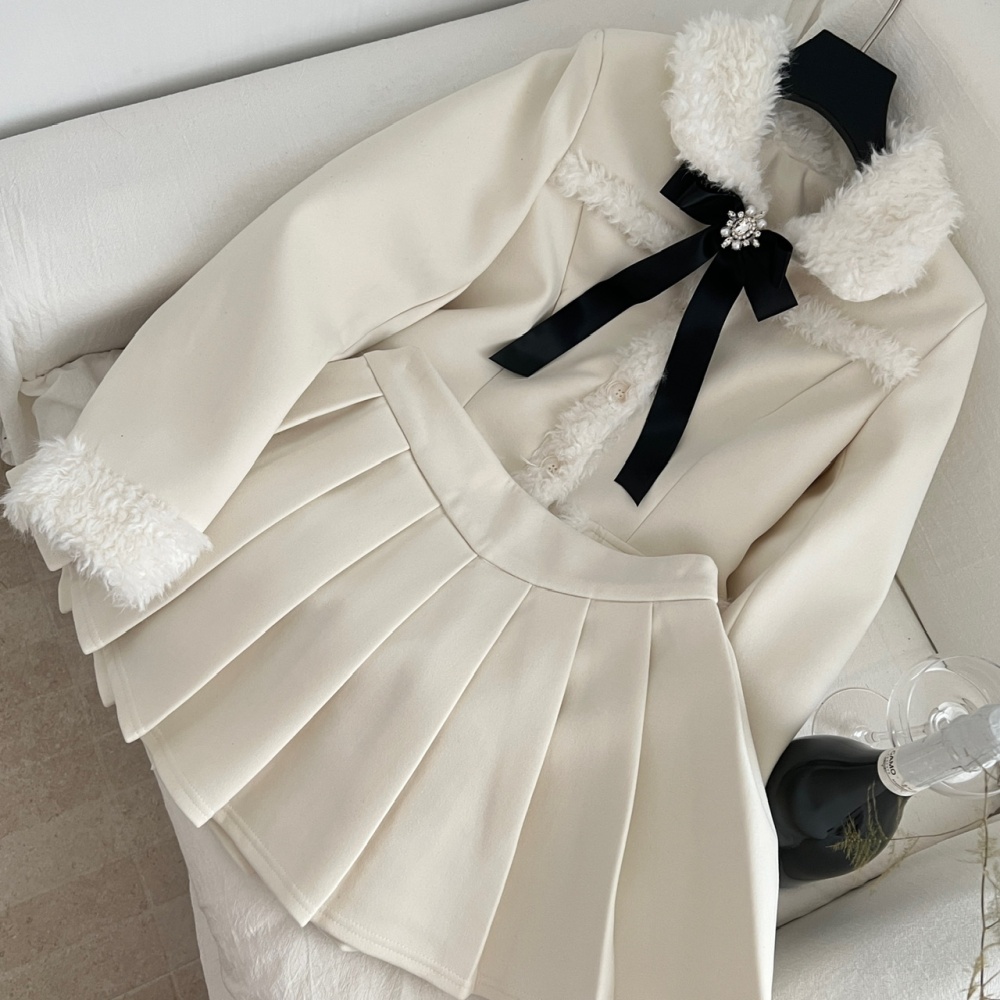 Sweet long sleeve coat winter slim short skirt a set