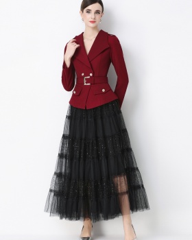 Slim niche business suit with belt long sleeve skirt a set