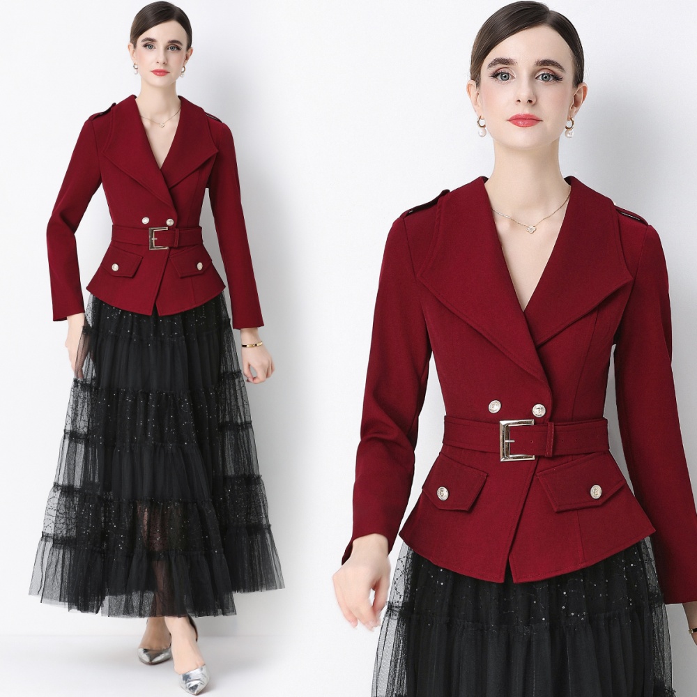 Slim niche business suit with belt long sleeve skirt a set