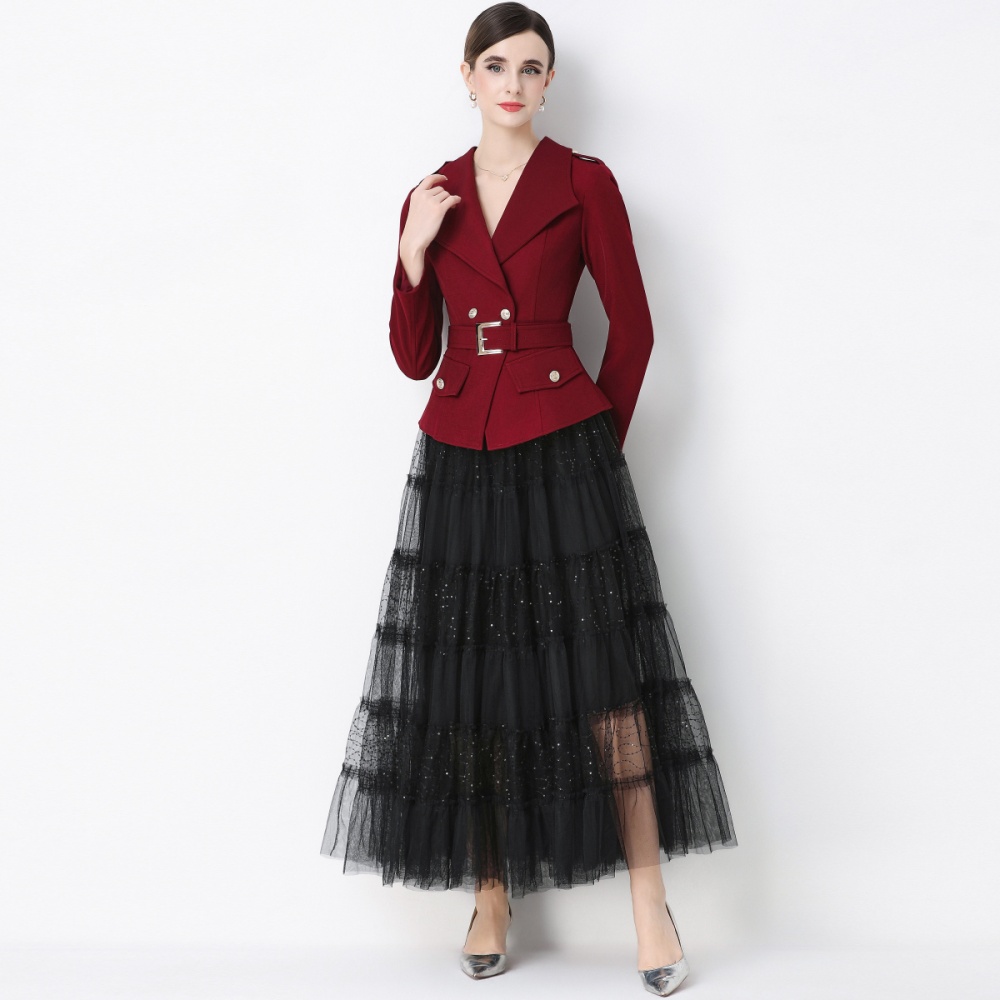 Slim niche business suit with belt long sleeve skirt a set