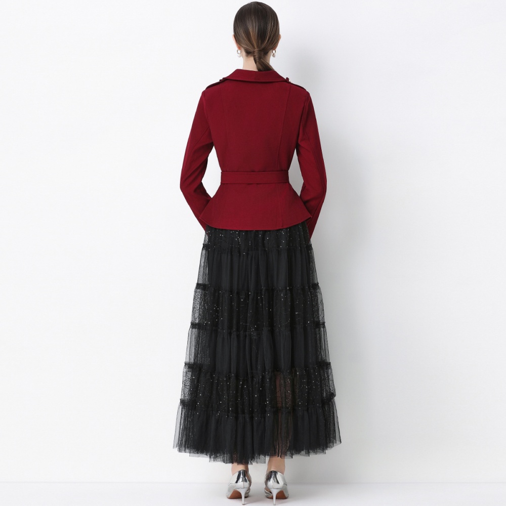 Slim niche business suit with belt long sleeve skirt a set