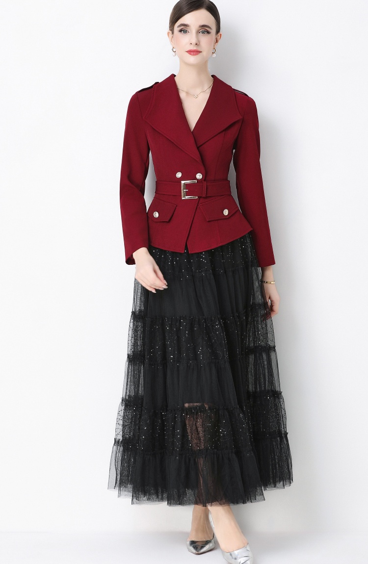 Slim niche business suit with belt long sleeve skirt a set