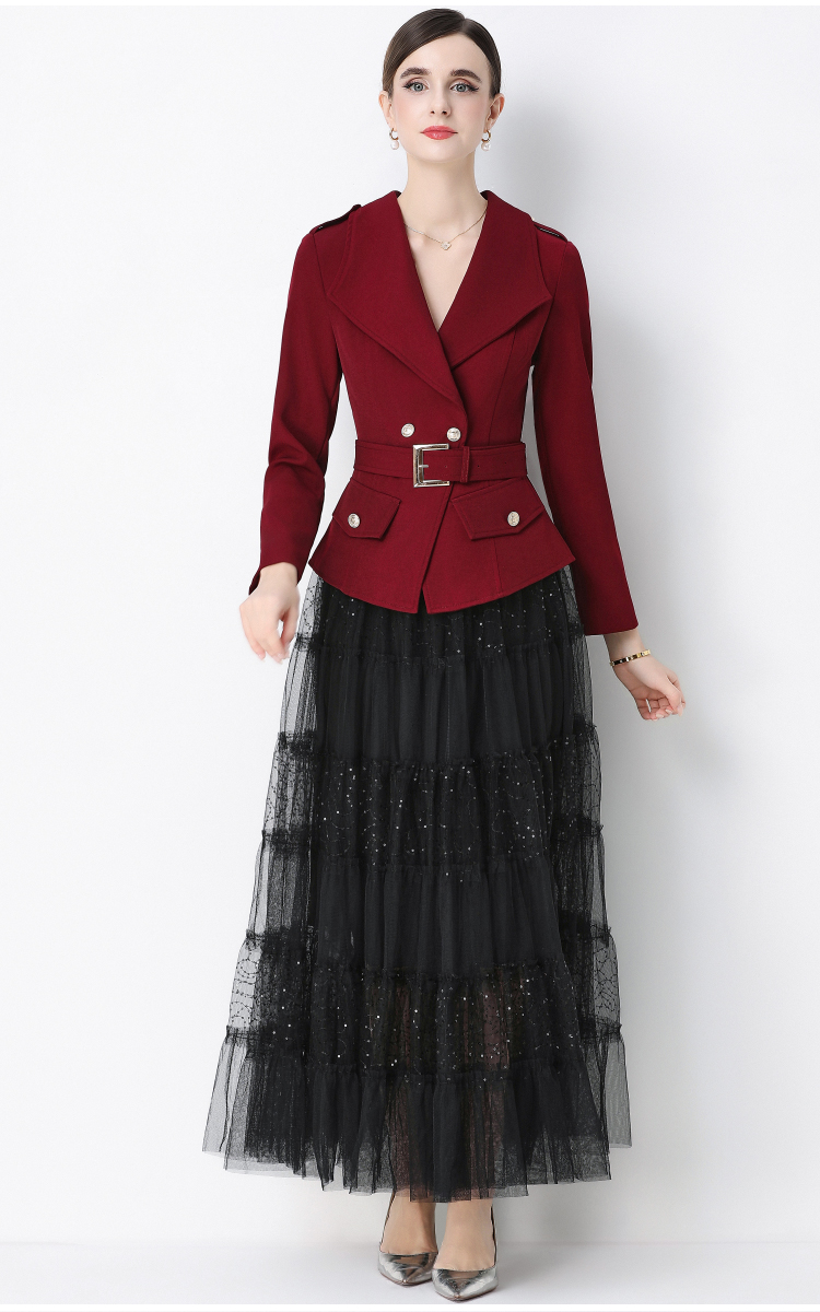 Slim niche business suit with belt long sleeve skirt a set