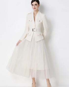 Long sleeve with belt business suit gauze skirt a set