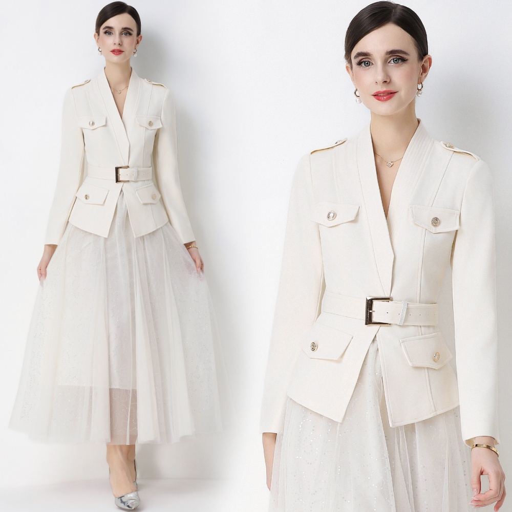 Long sleeve with belt business suit gauze skirt a set