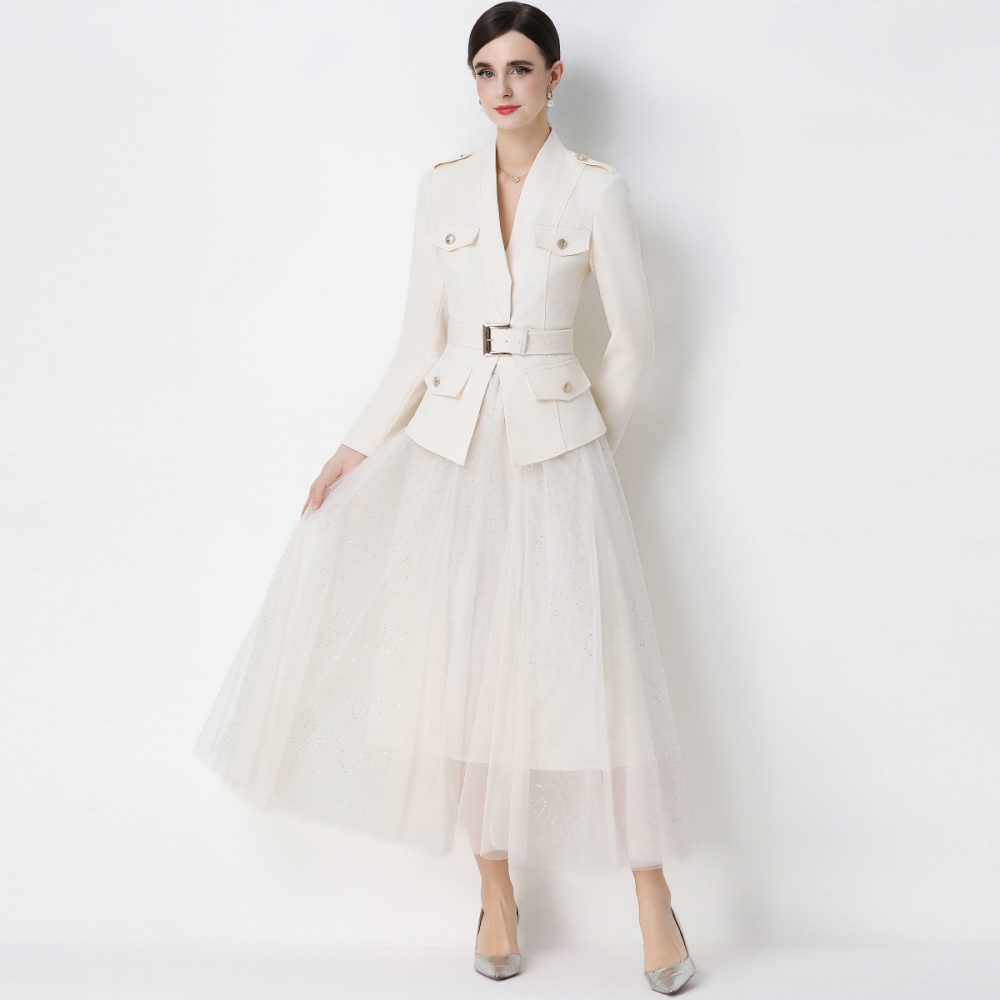 Long sleeve with belt business suit gauze skirt a set