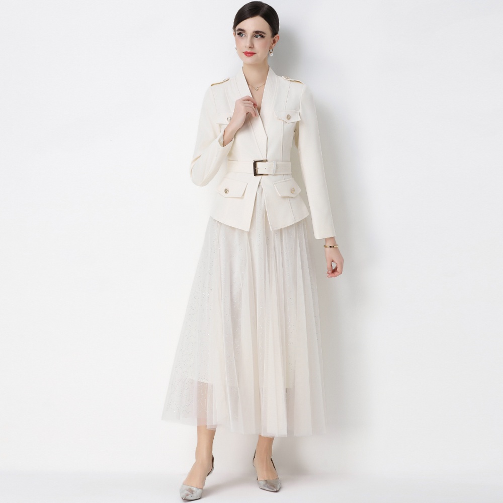 Long sleeve with belt business suit gauze skirt a set