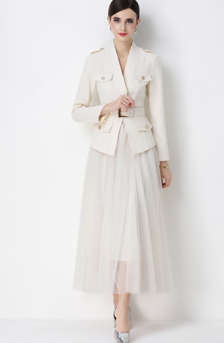 Long sleeve with belt business suit gauze skirt a set