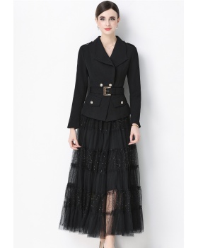 Gauze slim long sleeve skirt with belt niche coat a set