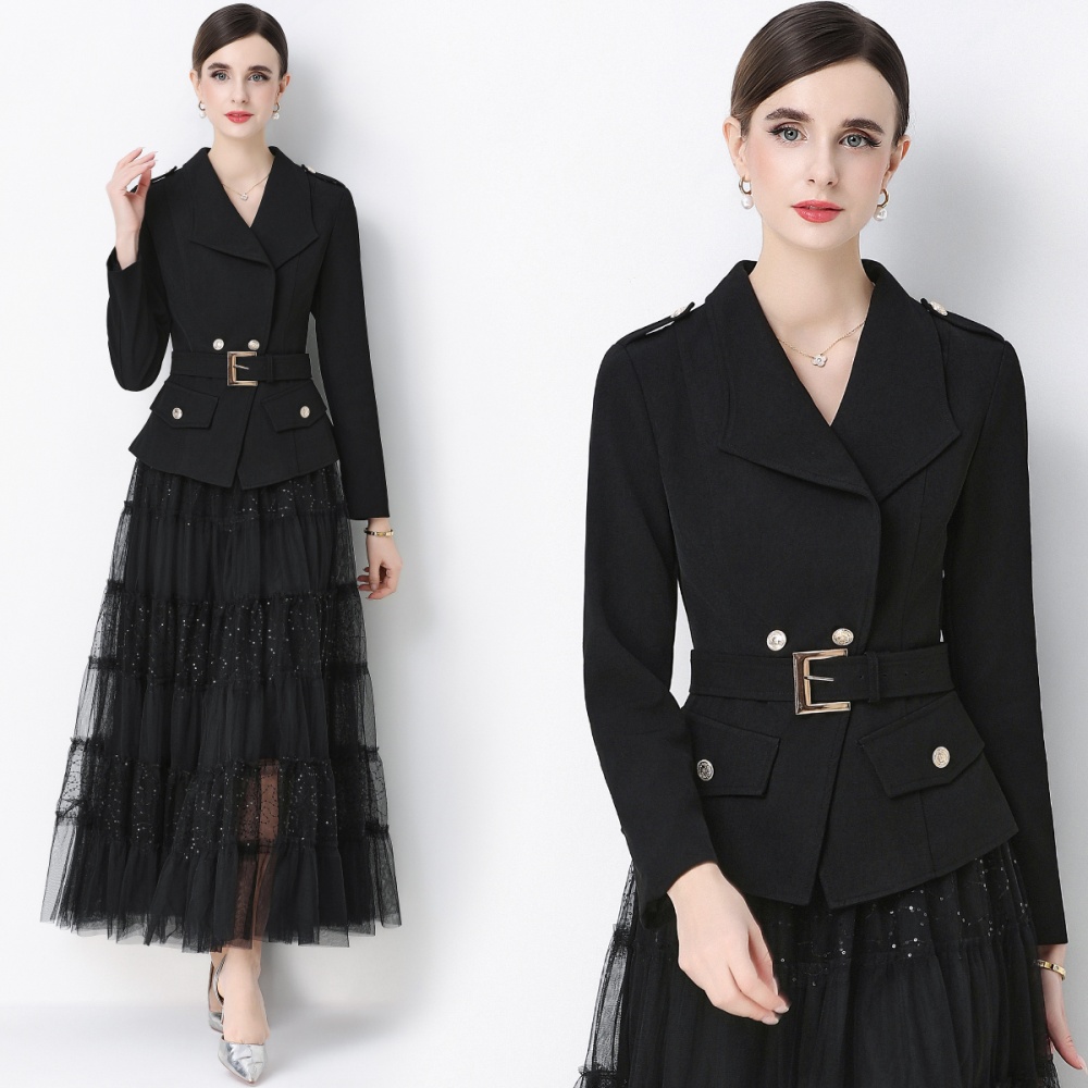 Gauze slim long sleeve skirt with belt niche coat a set