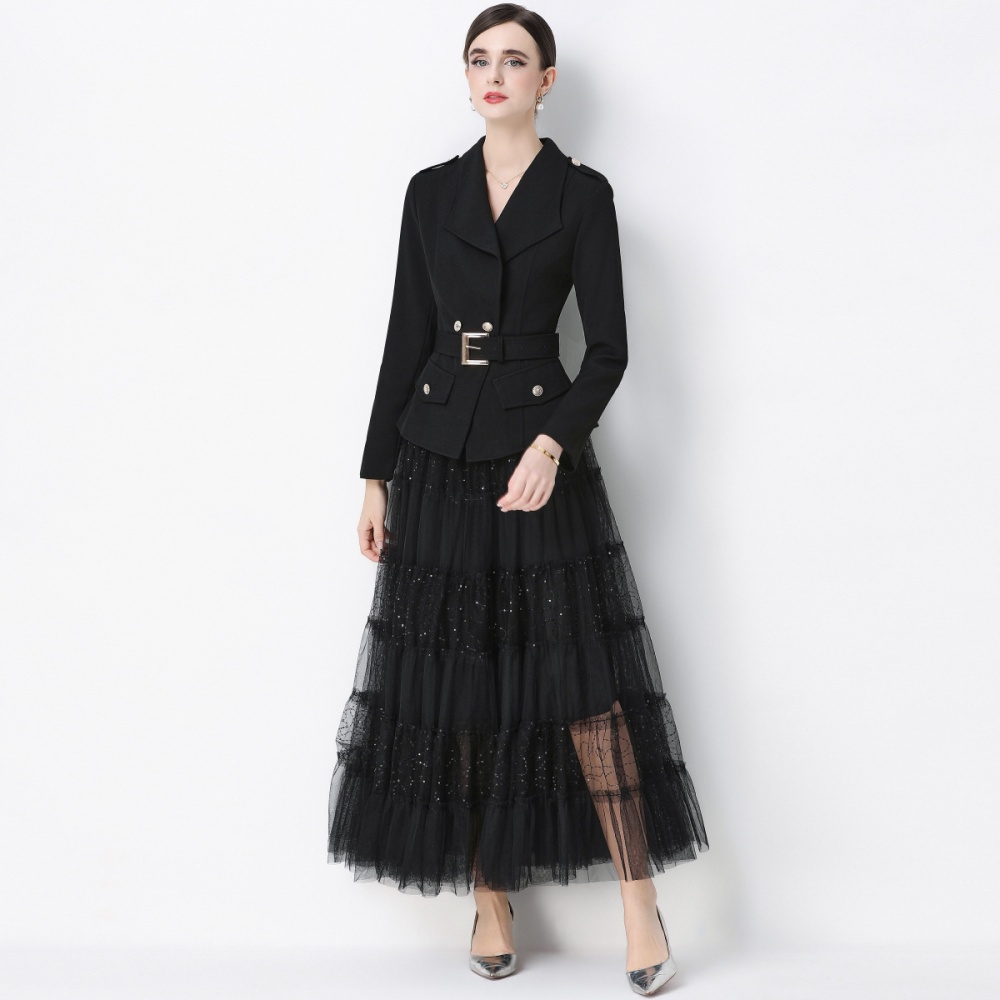 Gauze slim long sleeve skirt with belt niche coat a set