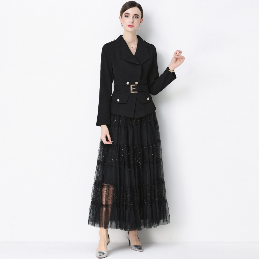 Gauze slim long sleeve skirt with belt niche coat a set
