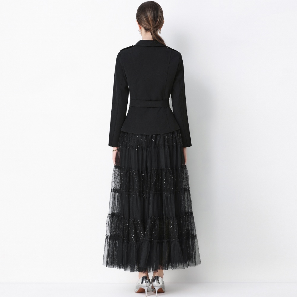 Gauze slim long sleeve skirt with belt niche coat a set