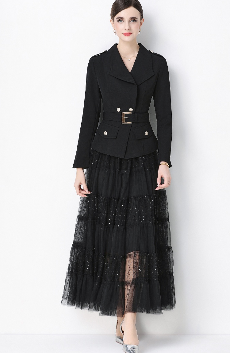 Gauze slim long sleeve skirt with belt niche coat a set