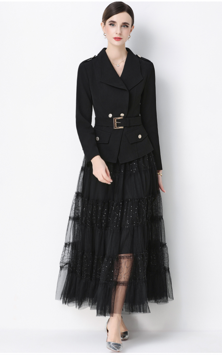 Gauze slim long sleeve skirt with belt niche coat a set