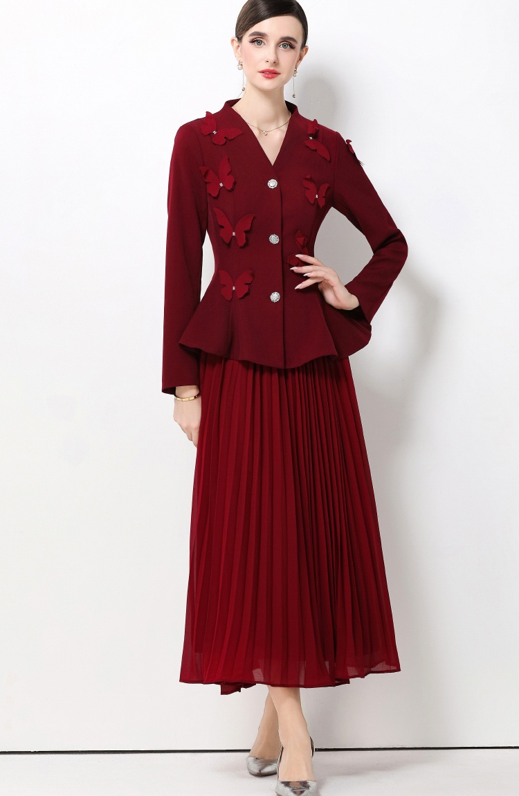 V-neck butterfly long sleeve stereoscopic skirt a set