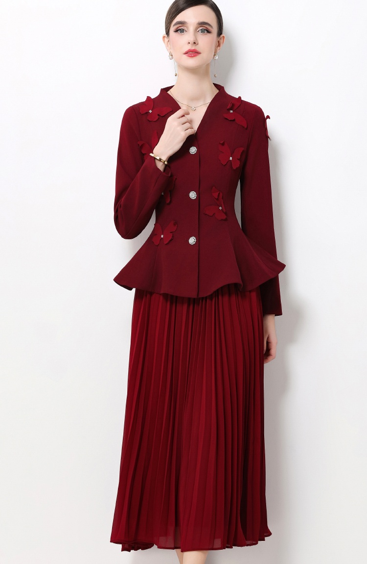 V-neck butterfly long sleeve stereoscopic skirt a set