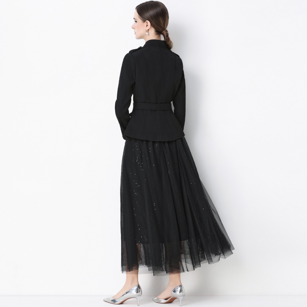 Gauze chanelstyle coat with belt skirt a set