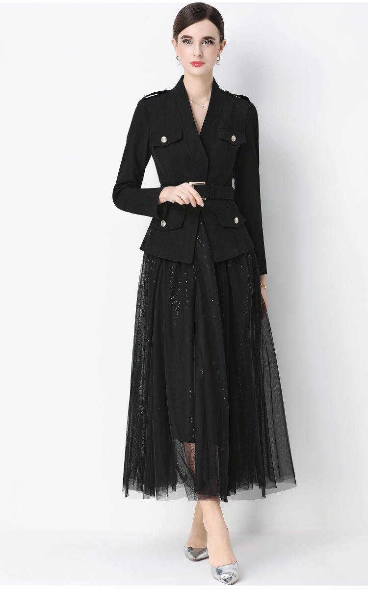 Gauze chanelstyle coat with belt skirt a set