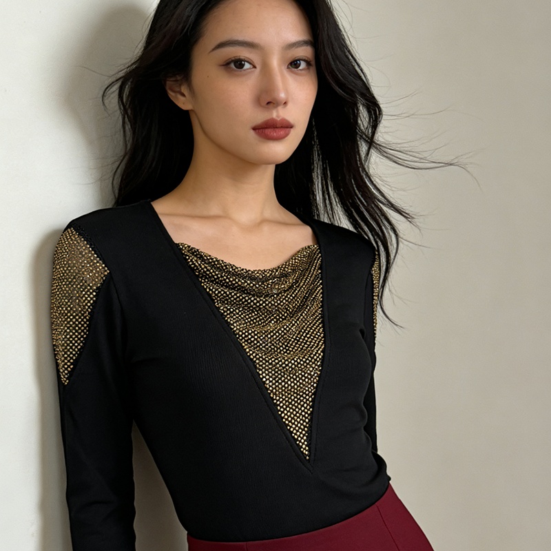 Spring slim tops unique rhinestone T-shirt