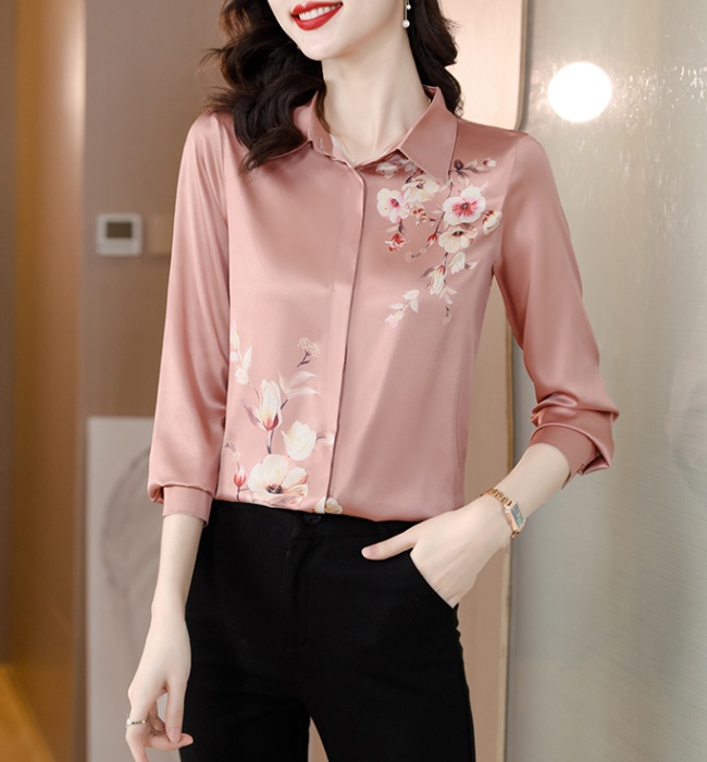 Temperament silk lapel spring and autumn shirt for women
