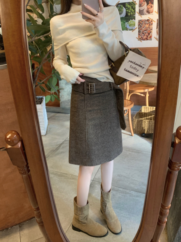 Korean style high waist skirt brown commuting short skirt