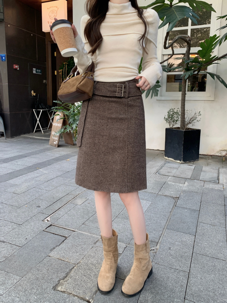 Korean style high waist skirt brown commuting short skirt
