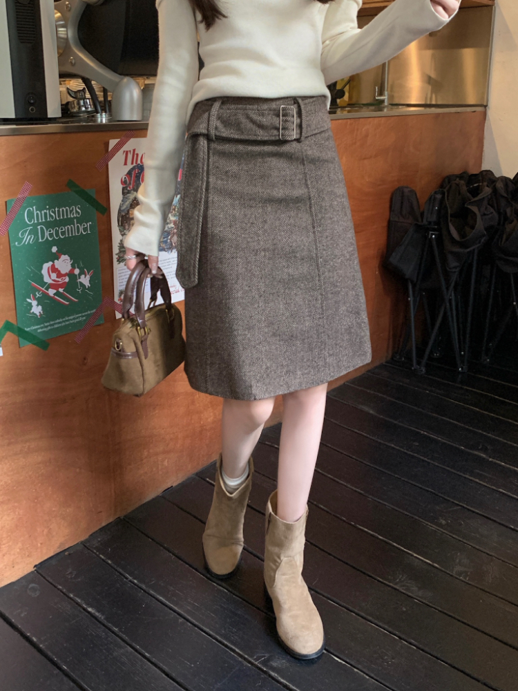 Korean style high waist skirt brown commuting short skirt