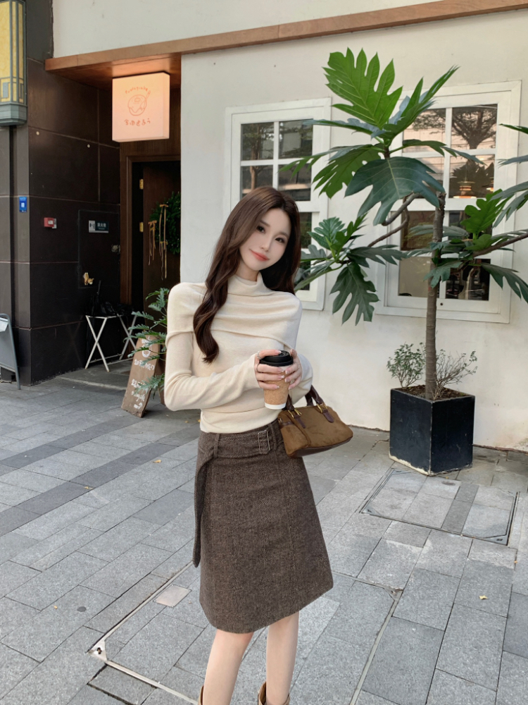 Korean style high waist skirt brown commuting short skirt