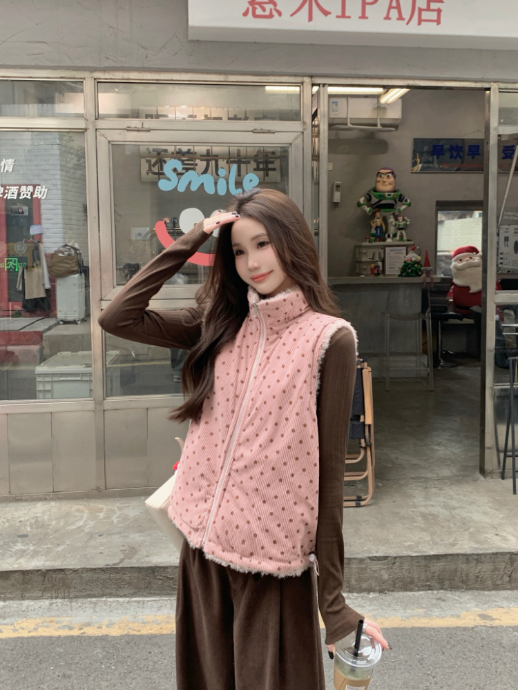 Polka dot wear coat lambs wool waistcoat for women