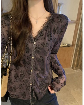 Korean style splice lace tops all-match spring slim shirt