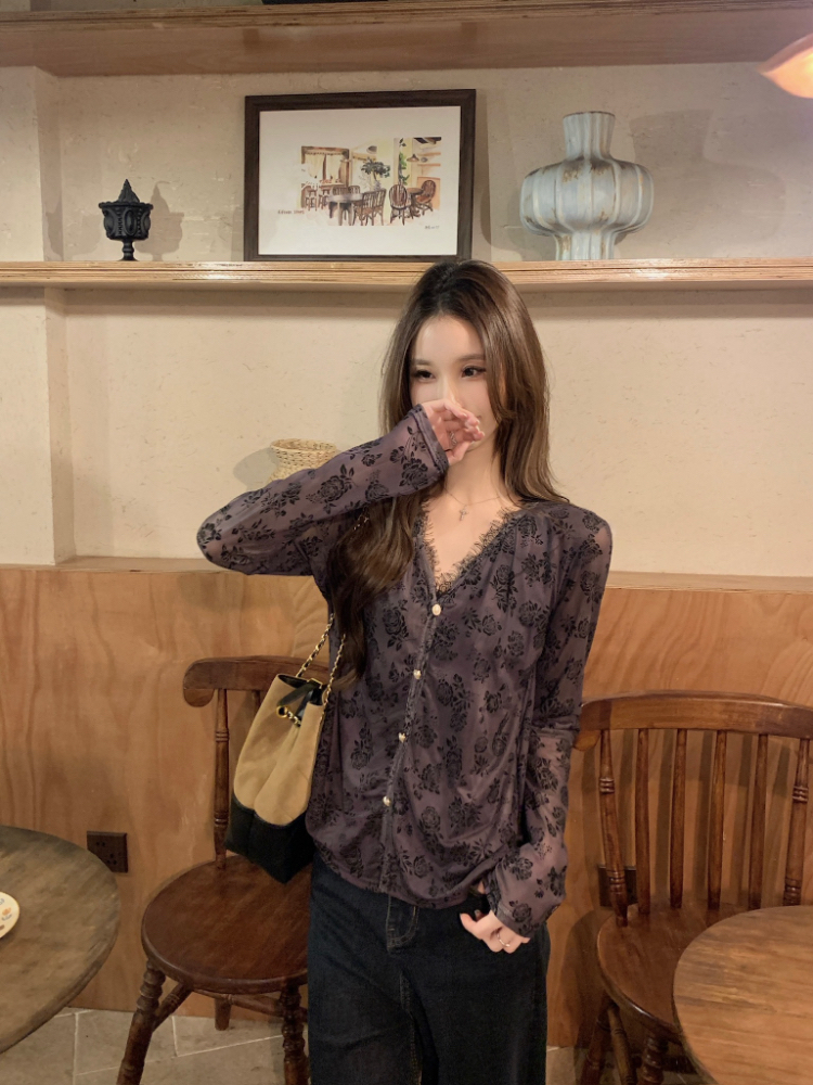 Korean style splice lace tops all-match spring slim shirt