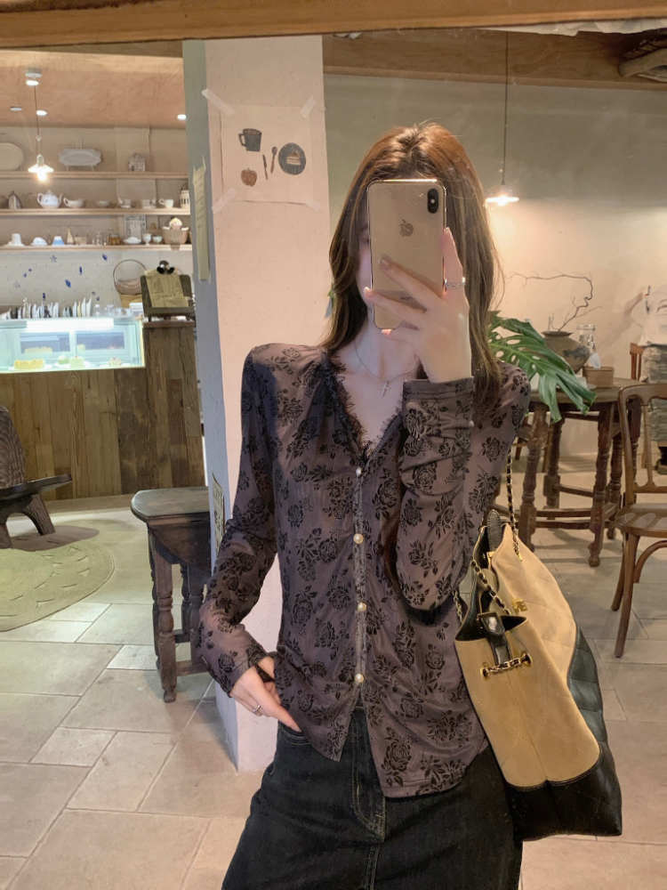 Korean style splice lace tops all-match spring slim shirt