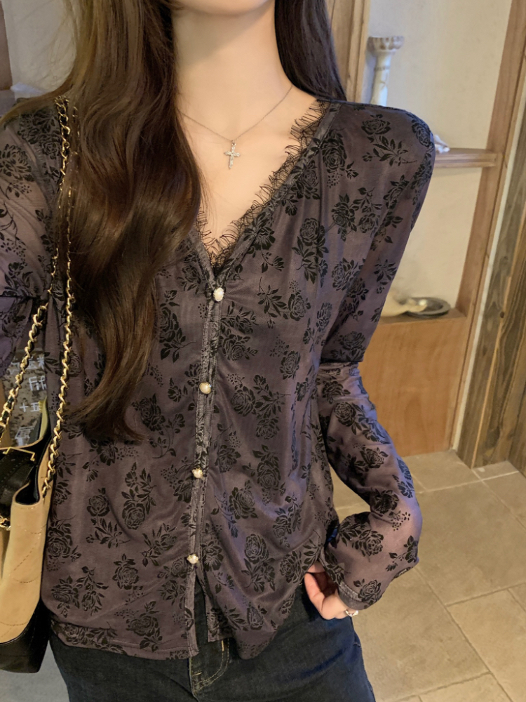 Korean style splice lace tops all-match spring slim shirt