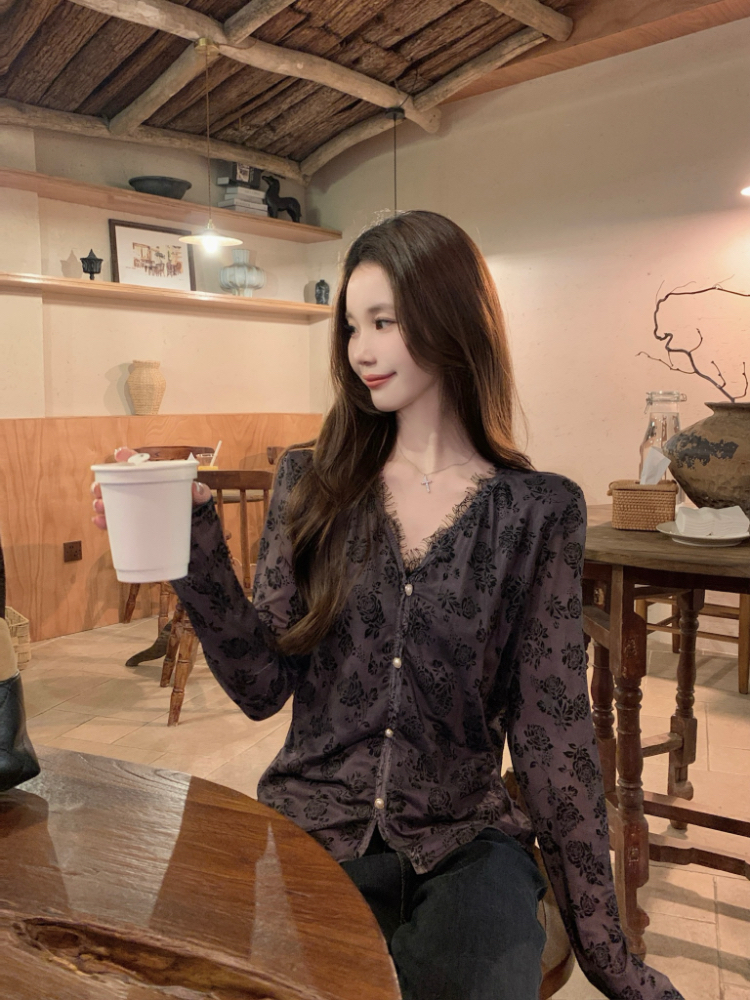 Korean style splice lace tops all-match spring slim shirt