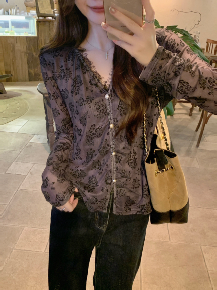 Korean style splice lace tops all-match spring slim shirt
