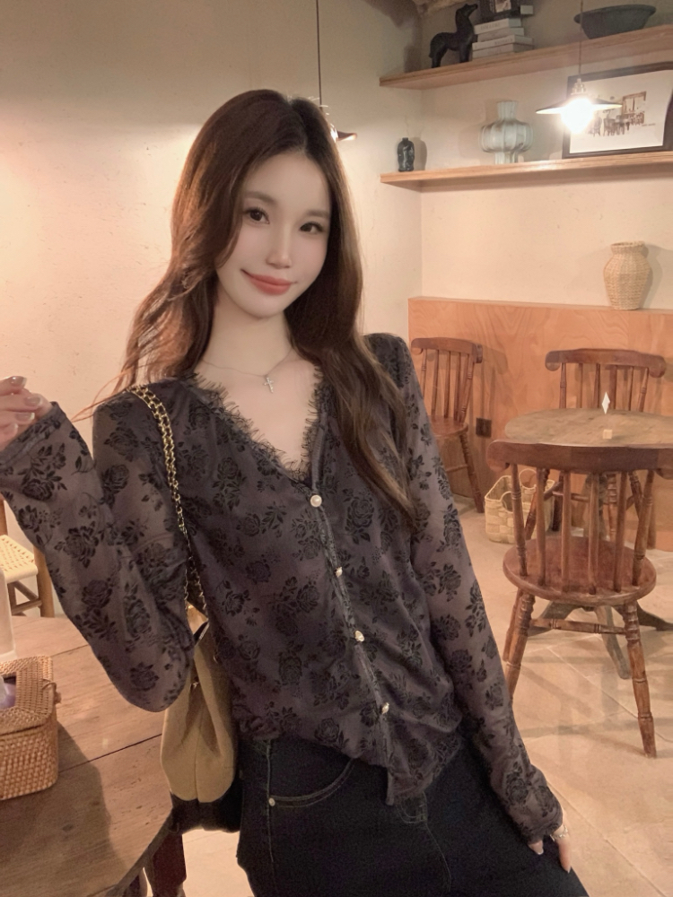 Korean style splice lace tops all-match spring slim shirt