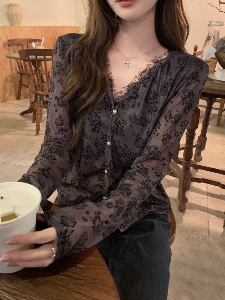 Korean style splice lace tops all-match spring slim shirt