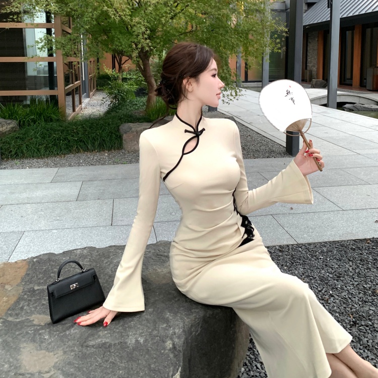 Long sleeve cheongsam applique dress for women