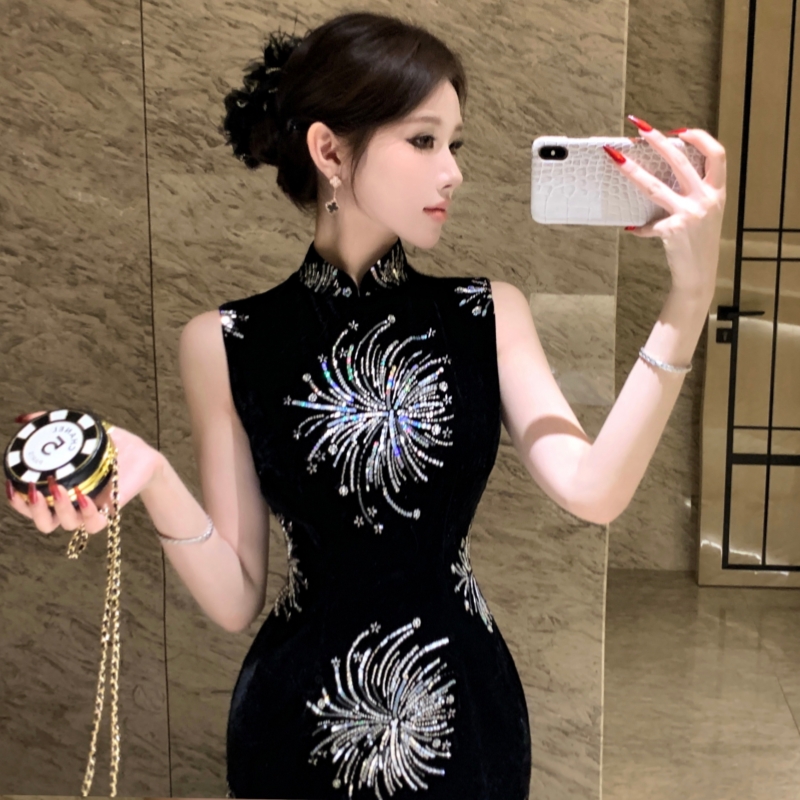 Autumn and winter rhinestone dress velvet sequins cheongsam