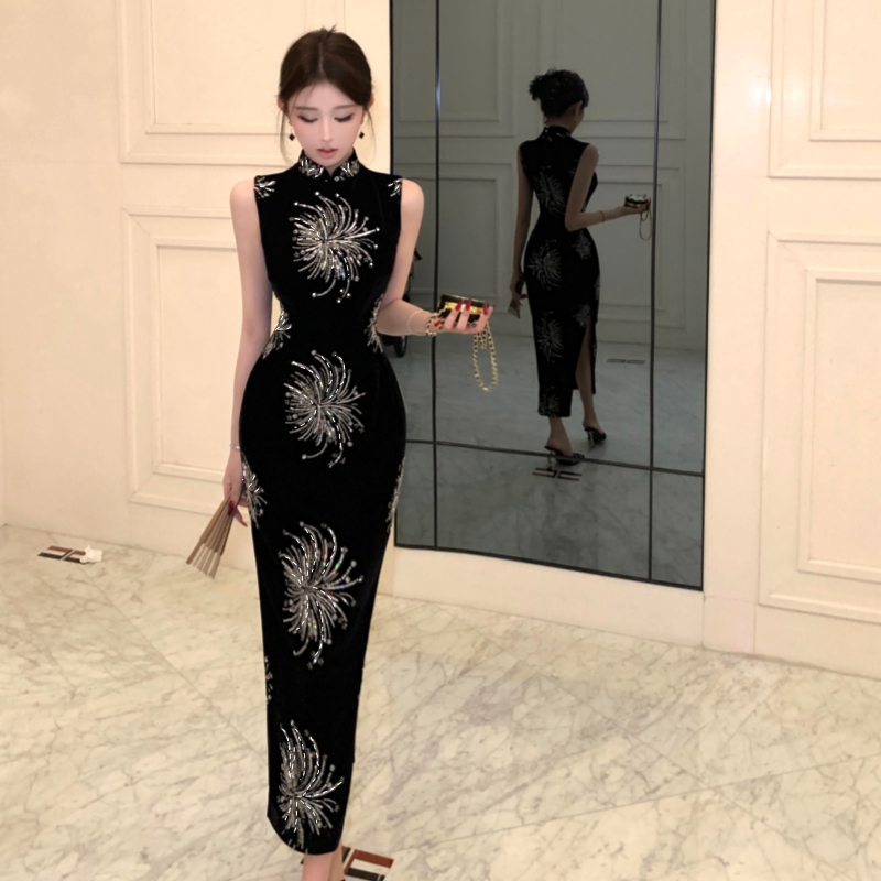 Autumn and winter rhinestone dress velvet sequins cheongsam