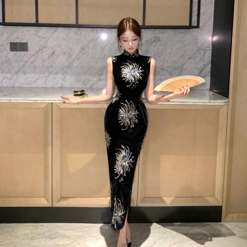 Autumn and winter rhinestone dress velvet sequins cheongsam