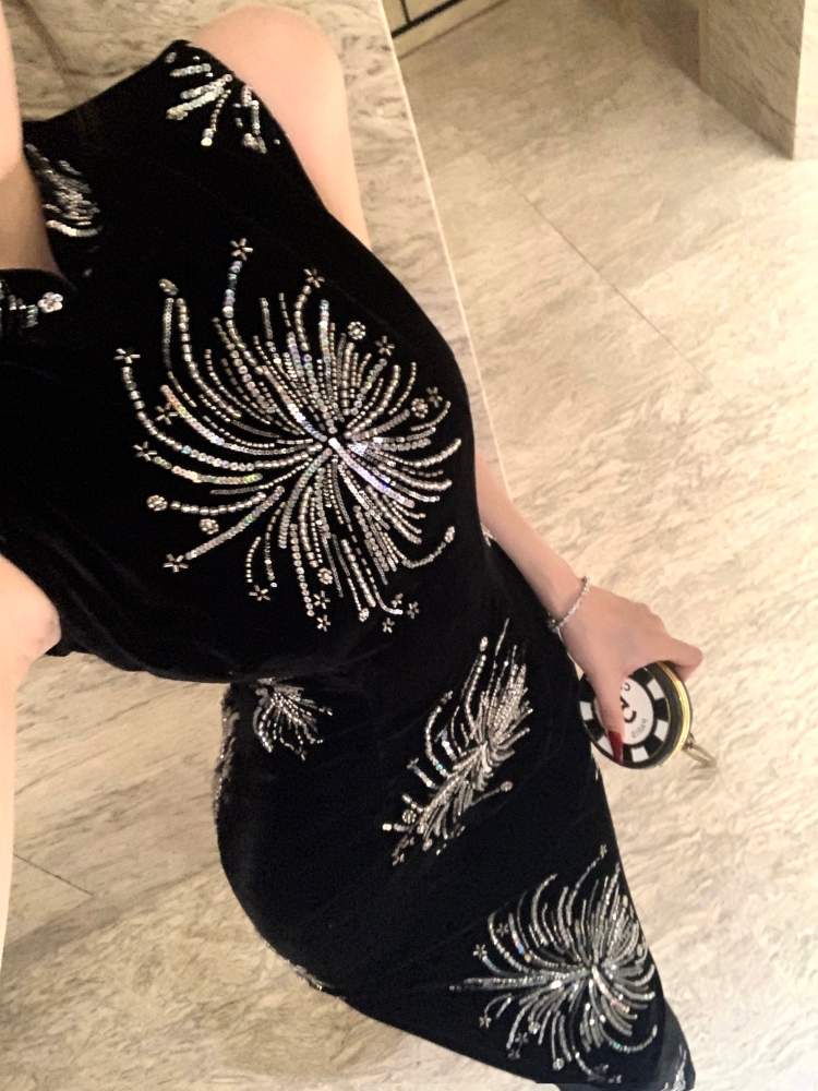 Autumn and winter rhinestone dress velvet sequins cheongsam
