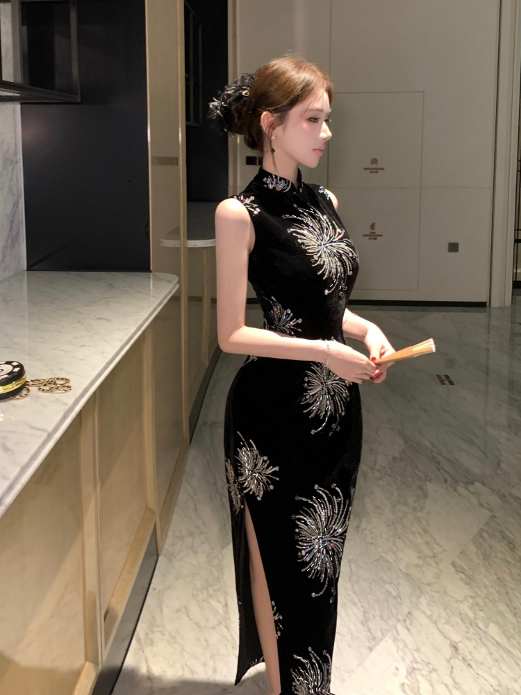 Autumn and winter rhinestone dress velvet sequins cheongsam