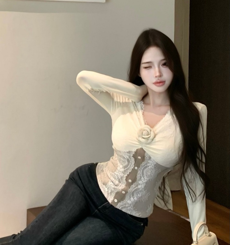 Bottoming stereoscopic splice flowers winter lace tops