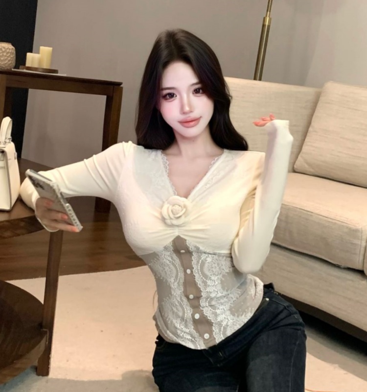 Bottoming stereoscopic splice flowers winter lace tops