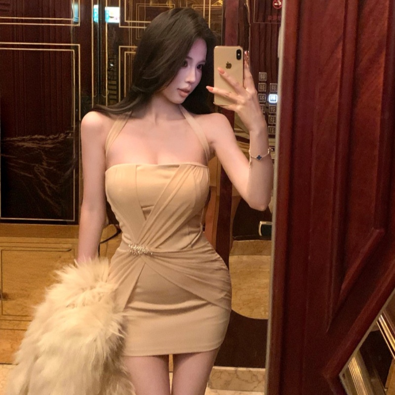 Slim sexy wrapped chest halter pinched waist dress